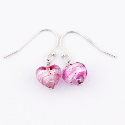Candy Pink Swirl Murano Heart Earrings